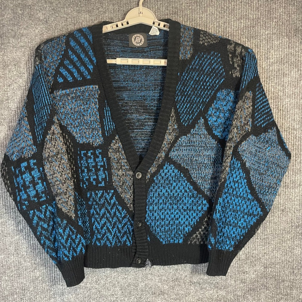 Vintage 80s 90s Permit Cardigan Sweater Mens M Blue Geometric Knit‎ 90s Grunge